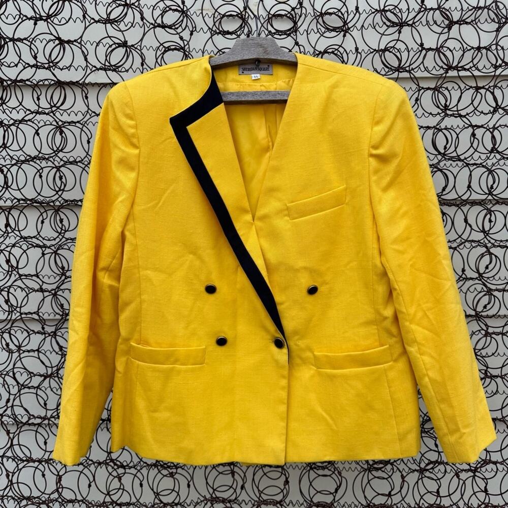 Vintage 90s Sheridan Square Yellow Black Rough Woven Women's Blazer Size 14